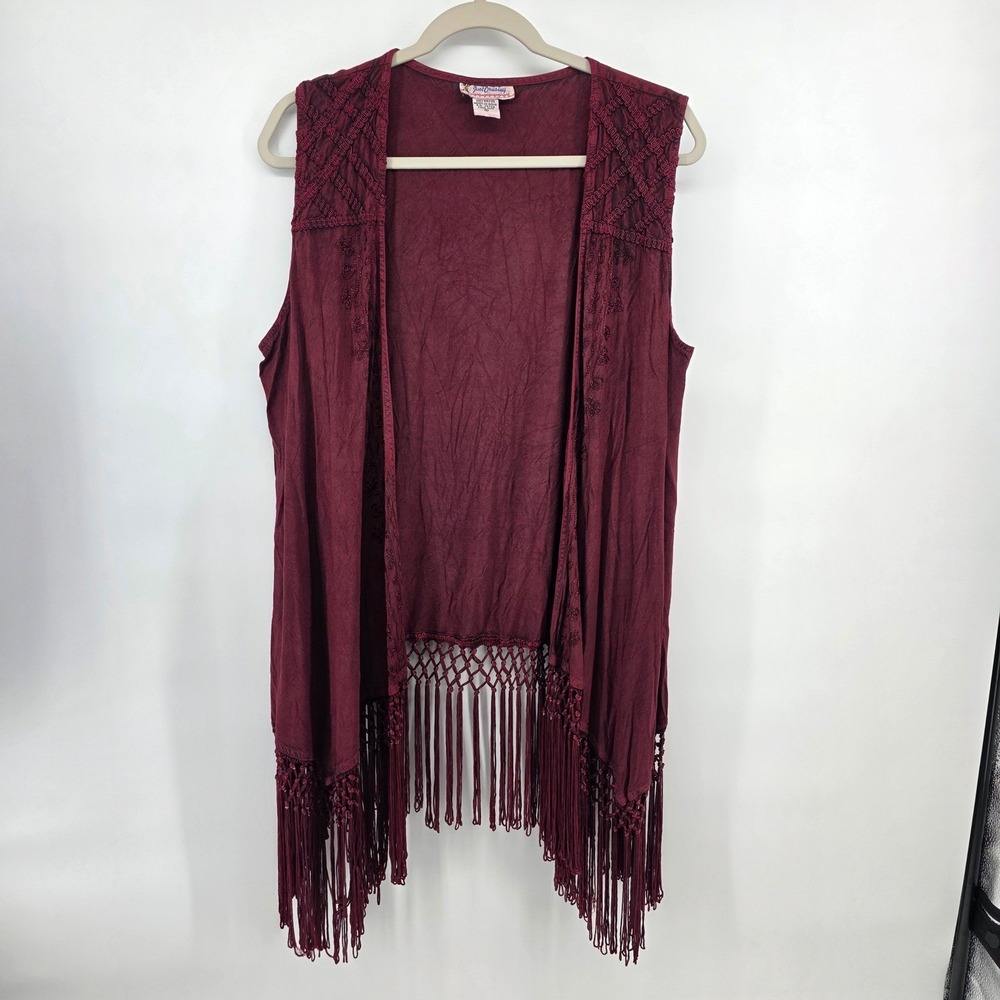 Just Cruising Womens Boho Fringe Vest Maroon Embroidered‎ Crochet Open Front OS